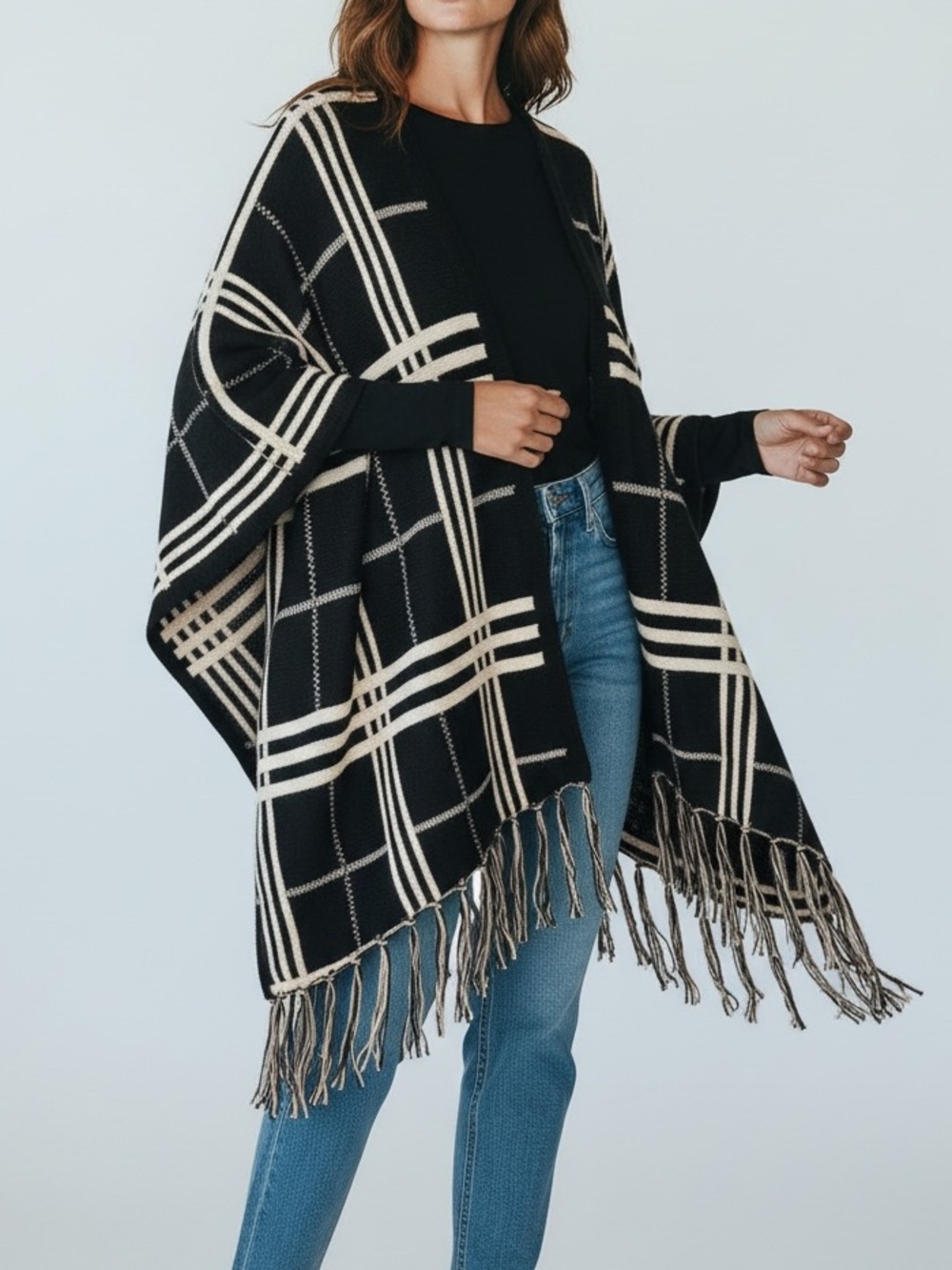Black & Cream Plaid Fringe Open-Front Poncho